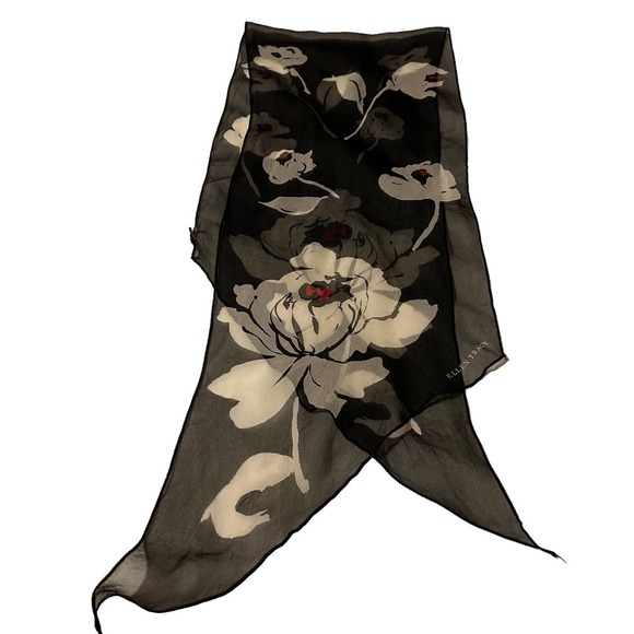 Ellen Tracy Scarf Silky Black Large White Roses Red Center Sheer 11 x 60 Angled - Picture 3 of 5